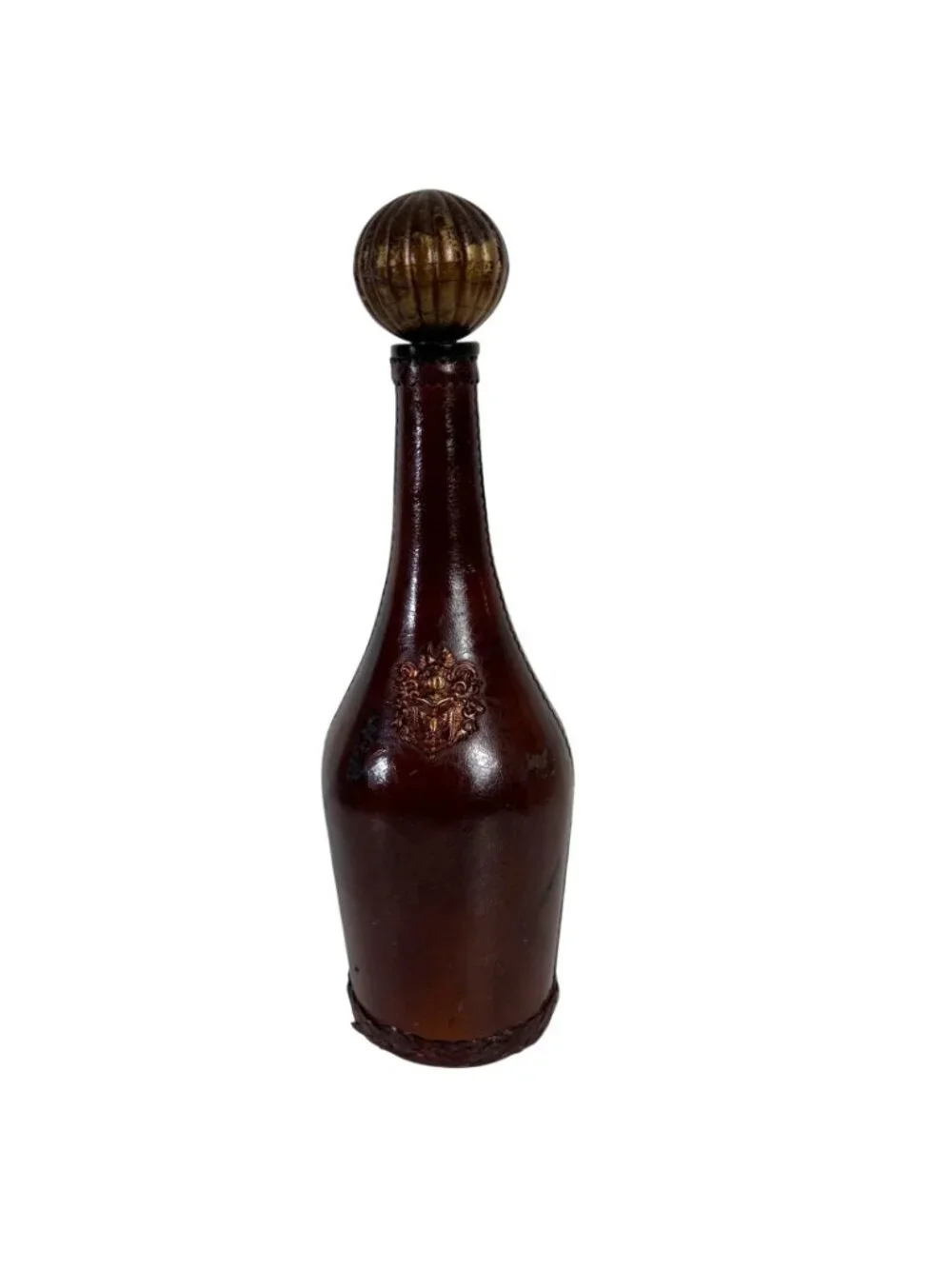 Italian Leather Covered Decanter Bottle Globe Stopper VTG MCM Barware Decor